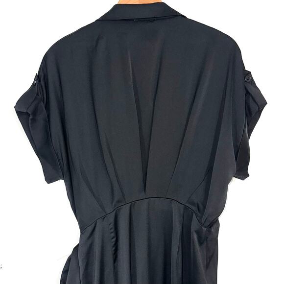 NWT Entro Black Satin Short Sleeve Collared Wrap Midi Dress Size Large - Picture 11 of 13